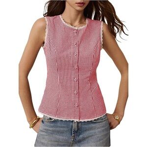 NWT Red Gingham Sleeveless Button-Front Top Medium